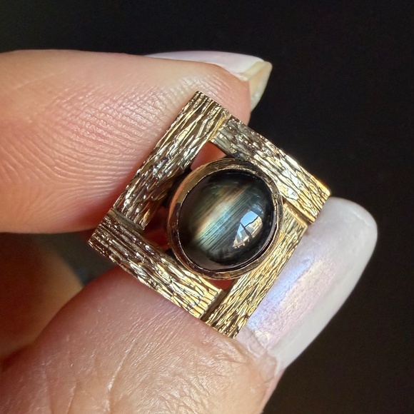 VINTAGE 14K YELLOW GOLD OVAL BLACK STAR SAPPHIRE TIE TACK PIN CUSTOM MADE UNIQUE
